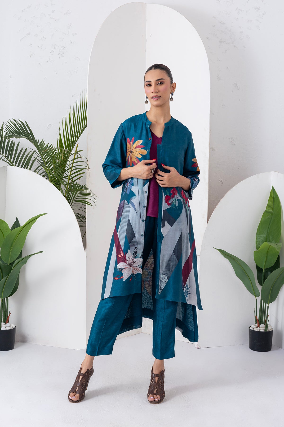 Indigo Silk Chanderi Printed High-Low Dress (1 PC)