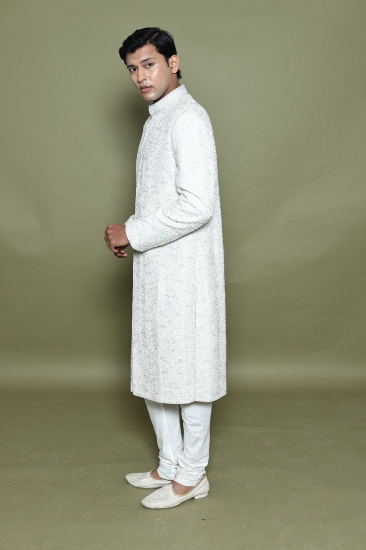 IVORY RAW SILK SHERWANI WITH KURTA & CHURIDAR
