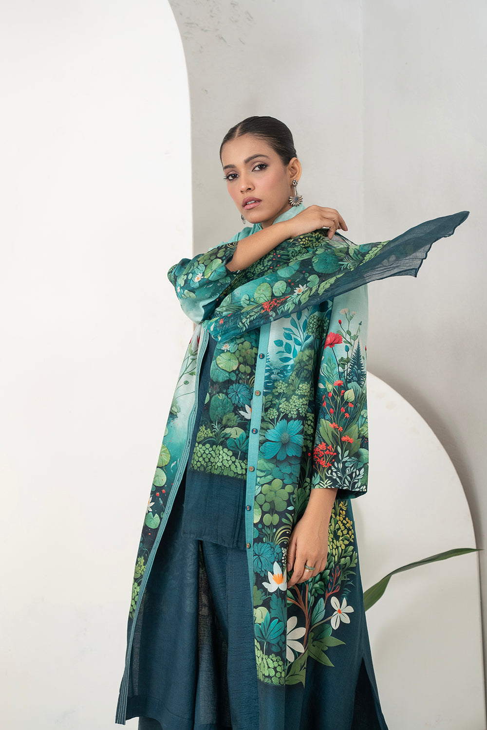 Blue Fades Gently From Mint To Midnight Silk Chanderi Hand-Painted Garden Printed Dress Set (3 PCS)
