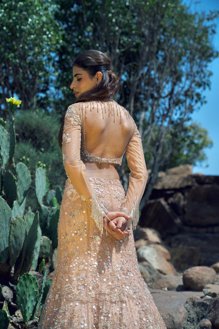 Sandhya Sona Beige Embroidered Fishcut Lehenga set