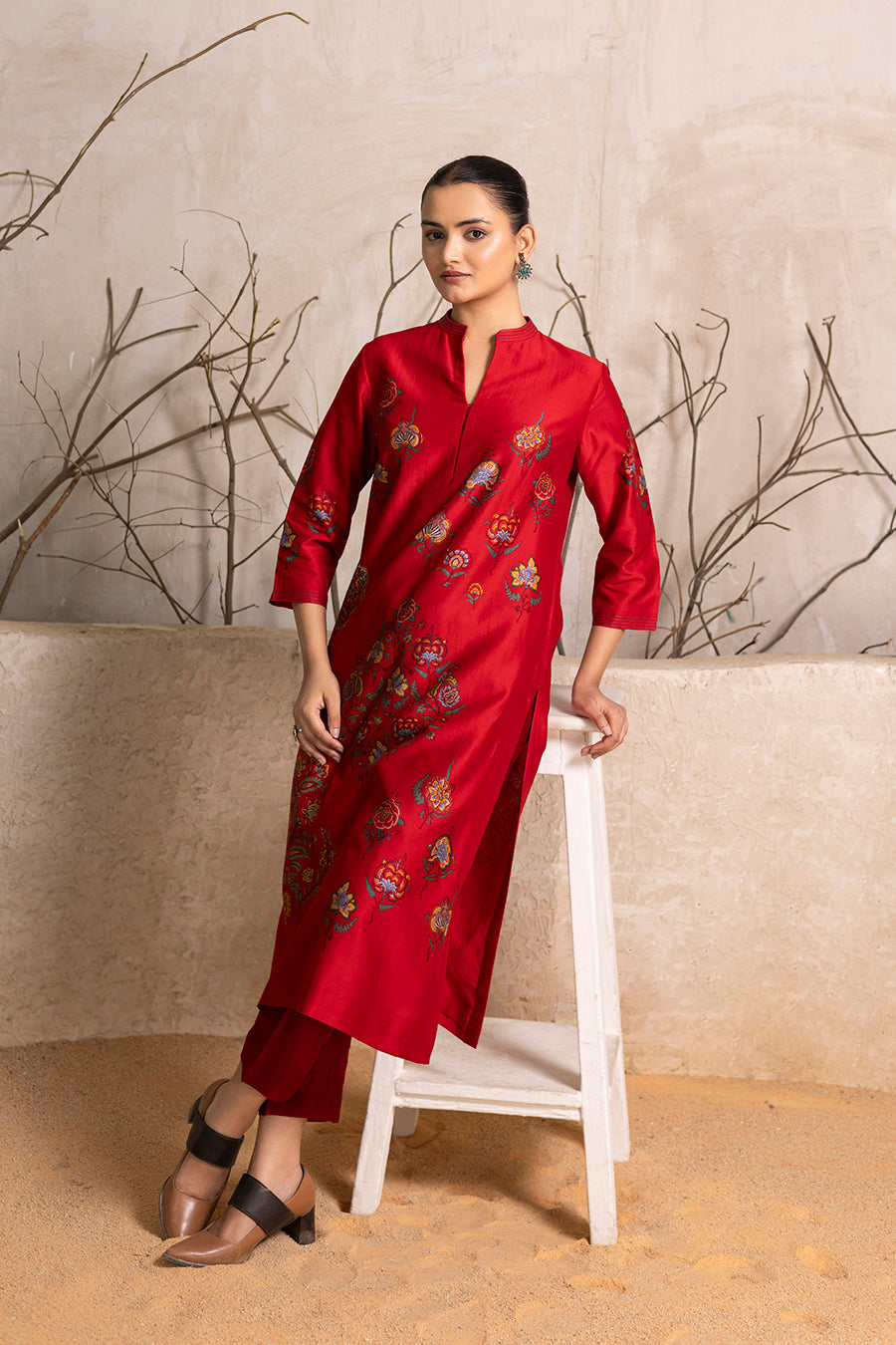 Bright Red Silk Chanderi Printed Tunic (1 PC)