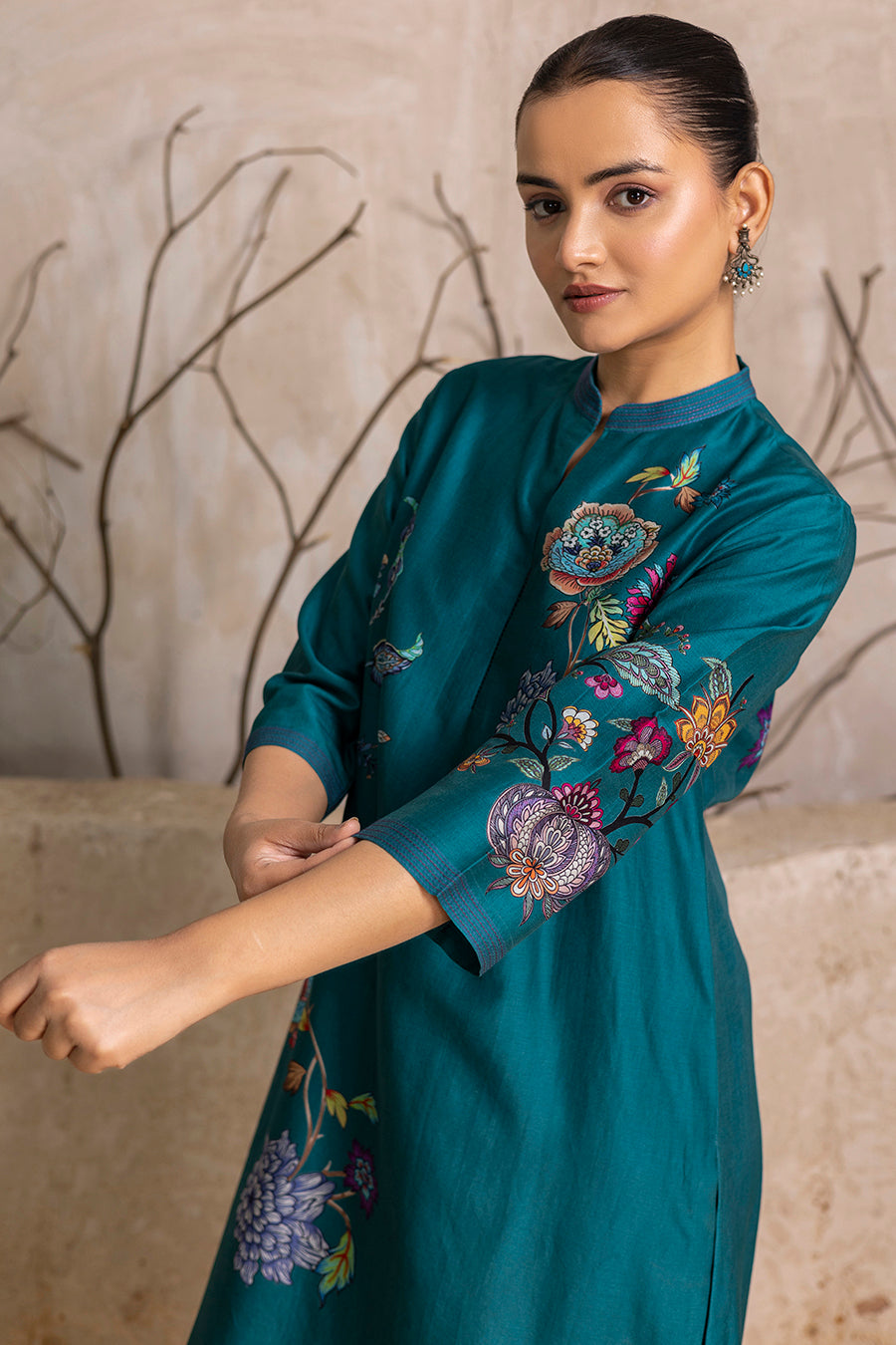 Emerald Silk Chanderi Floral Printed Tunic (1 PC)