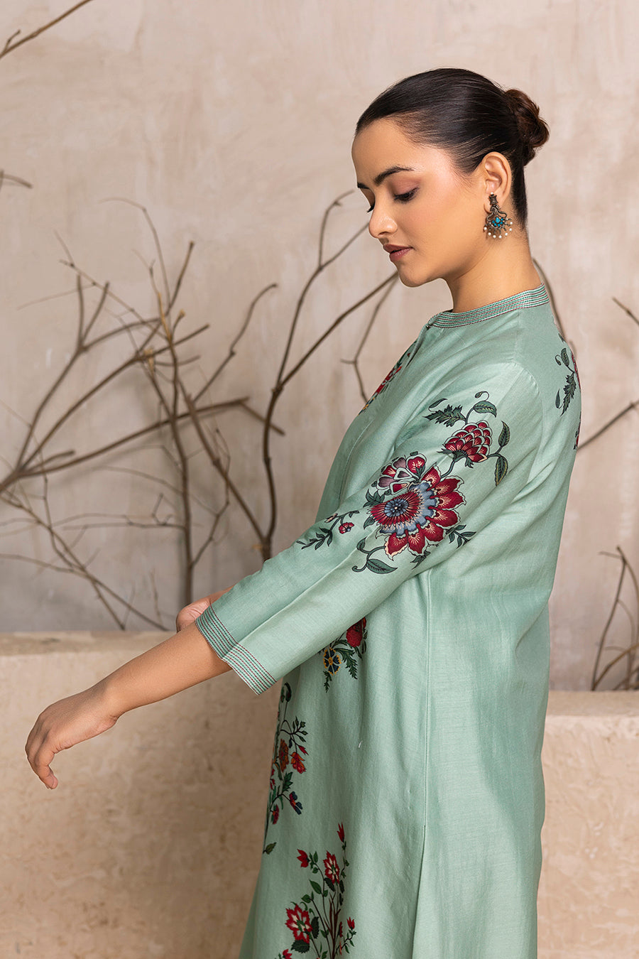 Mint Silk Chanderi Floral Boota Printed Tunic (1 PC)