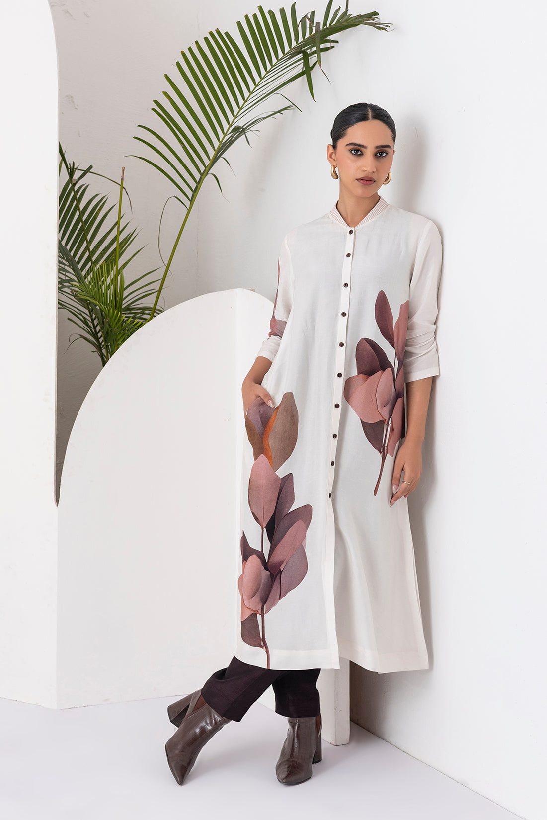 Ivory Viscose Dupion Leaf Printed Dress (1 PC)
