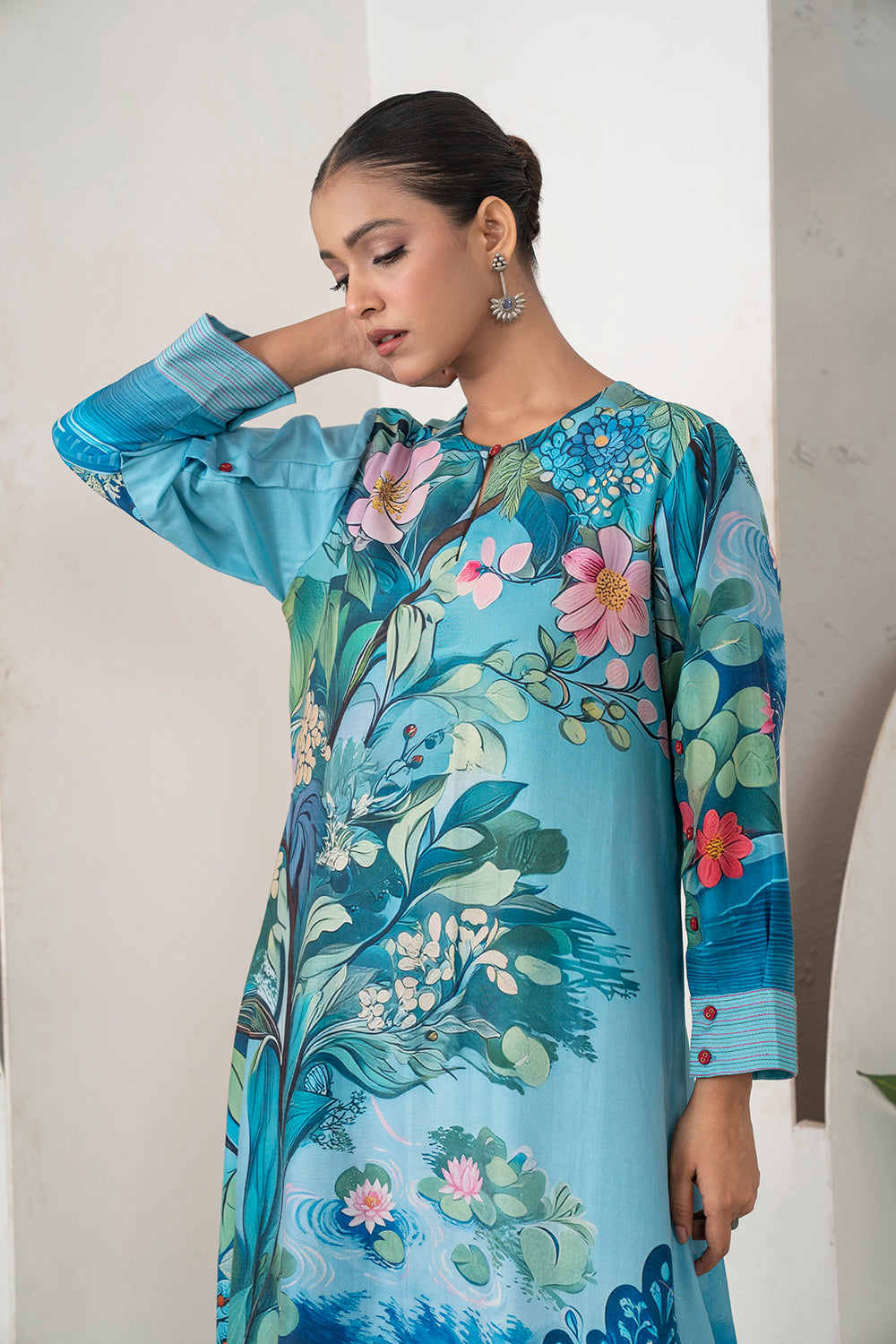 Sky Blue Silk Chanderi Lush Lotus Printed Tunic Set (2 PCS)