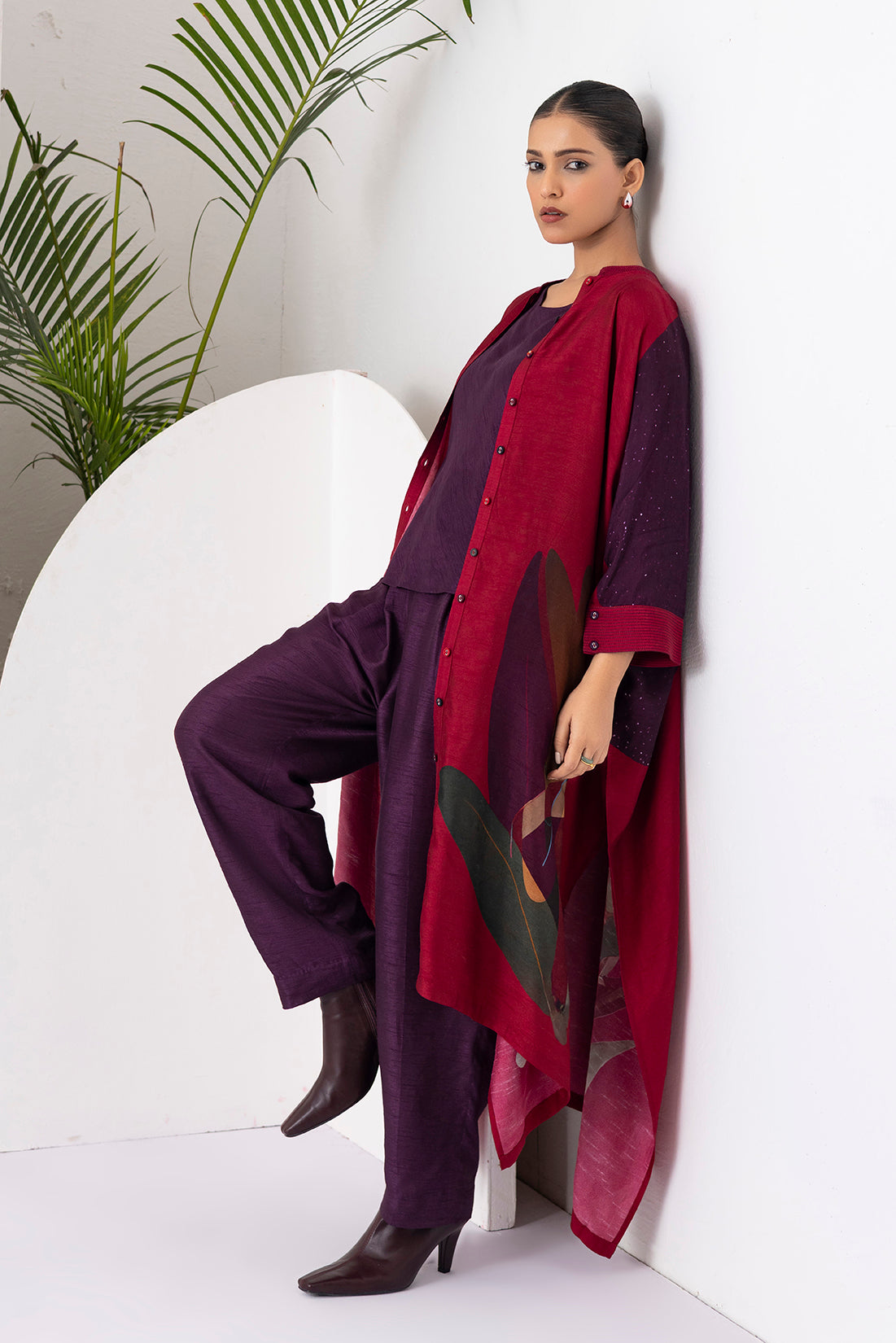 Red Viscose Dupion Printed Kaftaan Style Dress (1 PC)