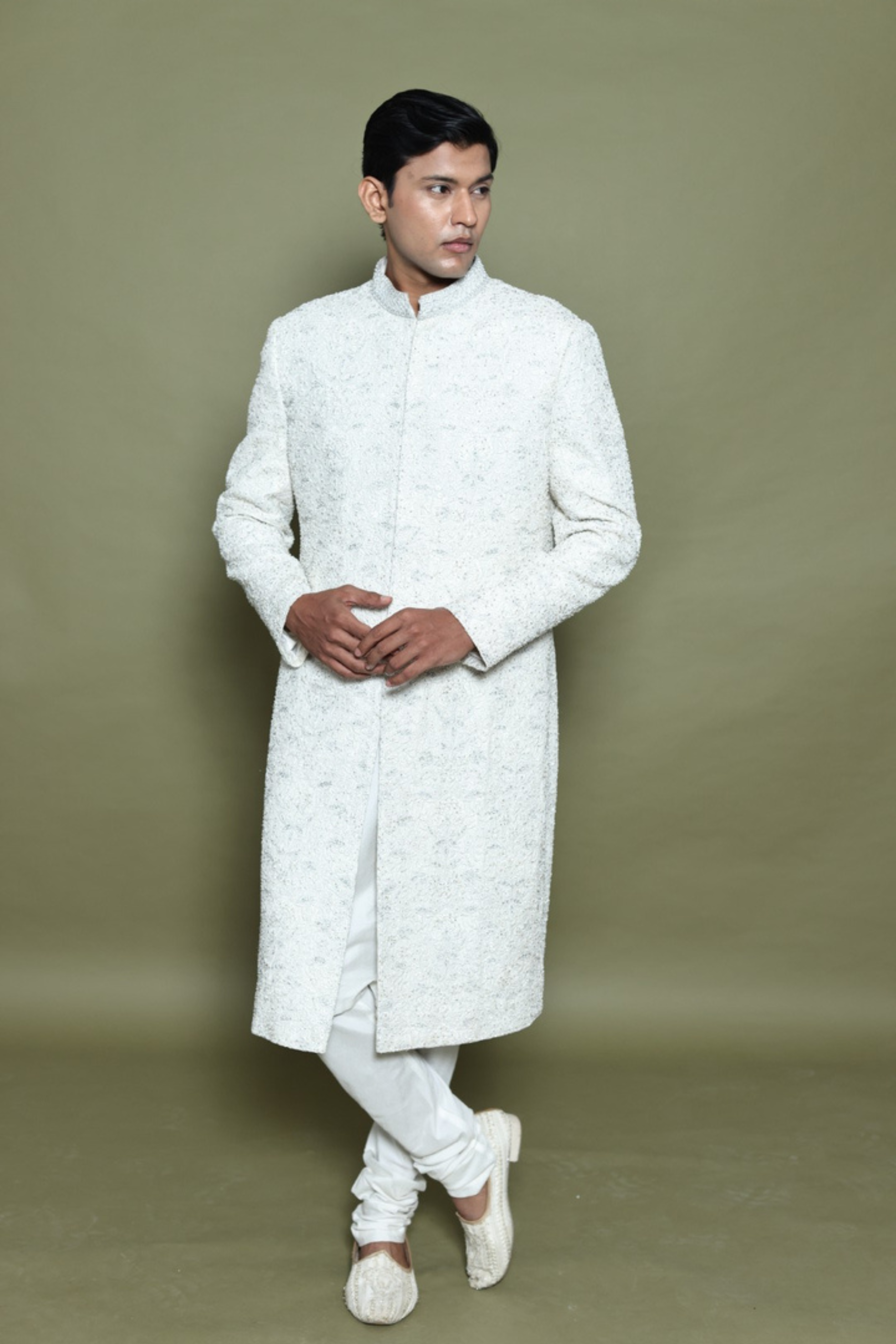 IVORY RAW SILK SHERWANI WITH KURTA & CHURIDAR