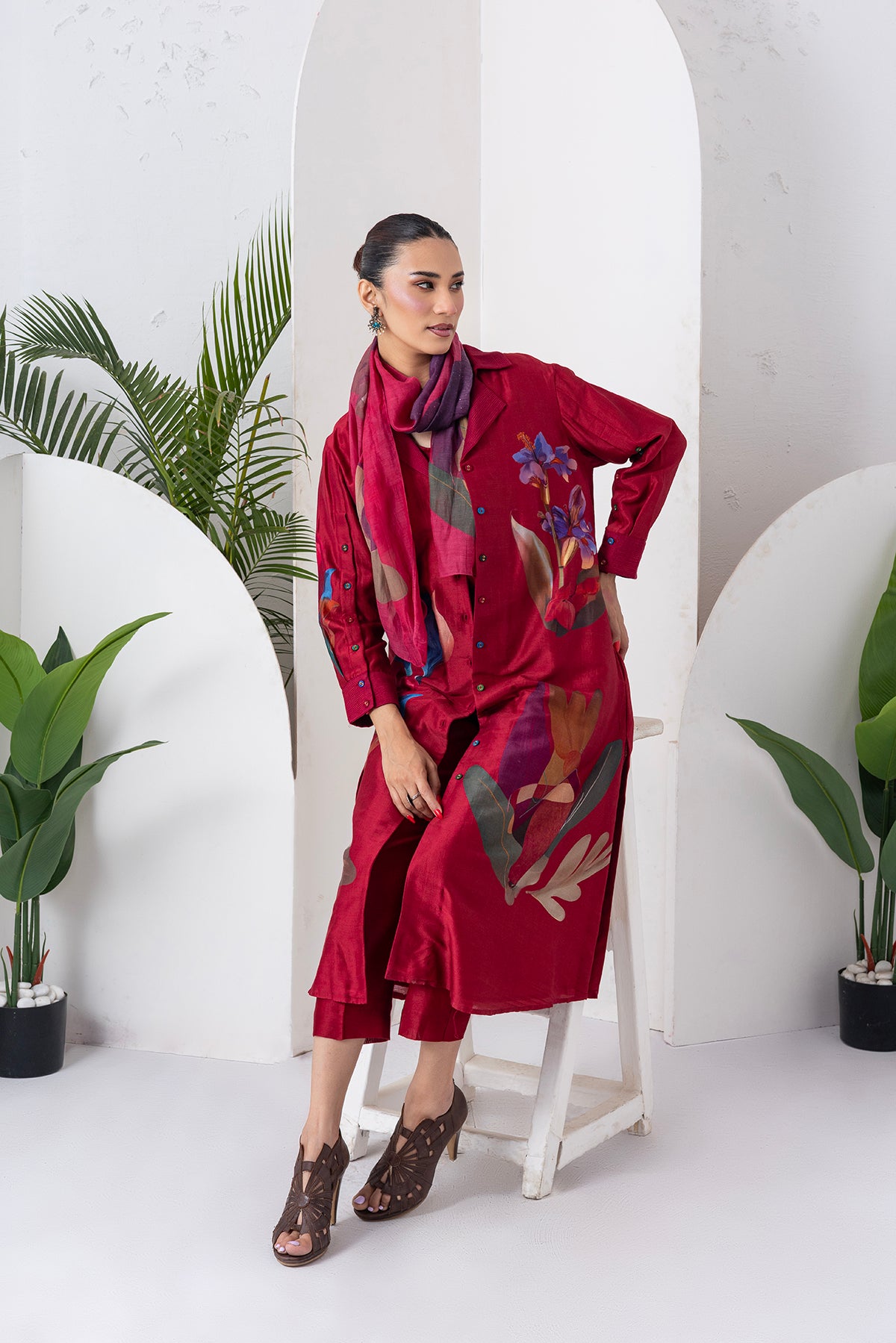 Red Viscose Dupion Printed Front Open Dress (1 PC)