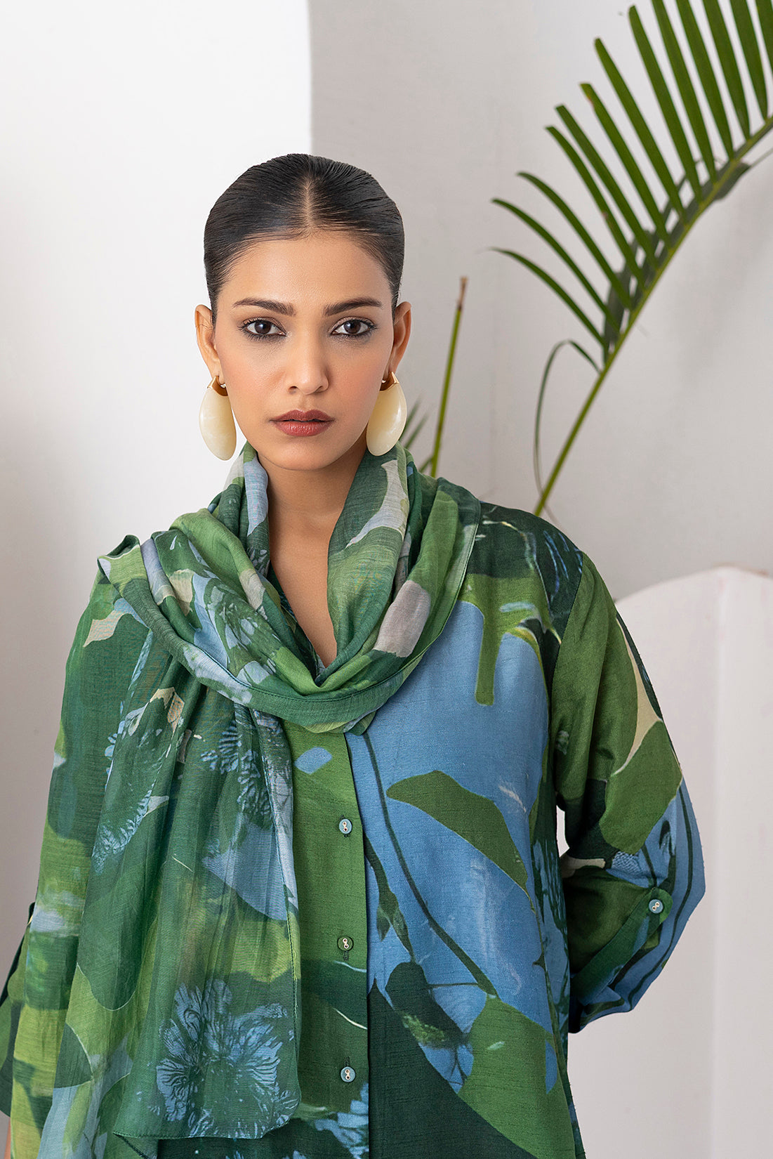 Green & Blue Viscose Dupion Printed Dress (1 PC)