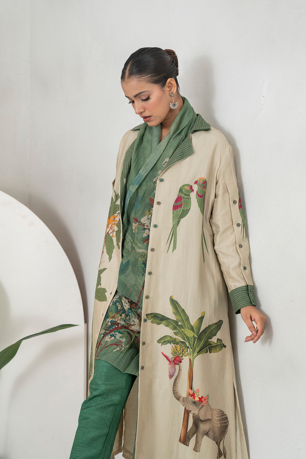 Beige Silk Chanderi Nature-Inspired Printed Dress Set (3 PCS)