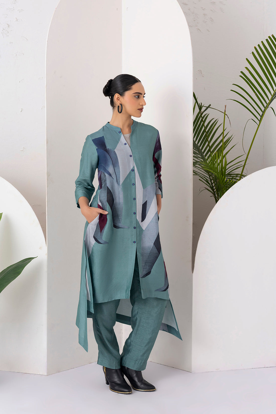 Sage Green Viscose Dupion Printed High-Low Dress (1 PC)