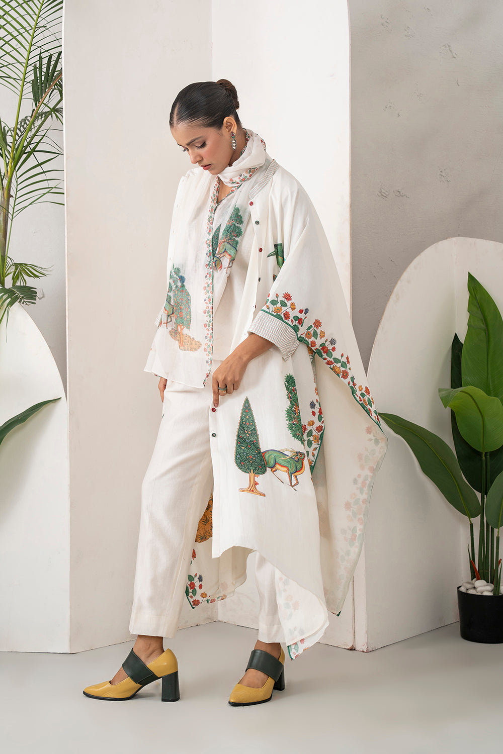 Ivory Silk Chanderi Folk Tale Printed Kaftan Set (3 PCS)