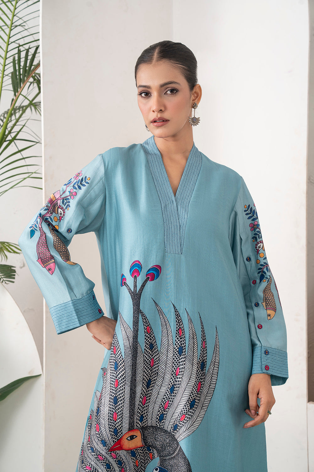 Sky Blue Silk Chanderi Striking Peacock Illustration Printed Tunic Set (2 PCS)