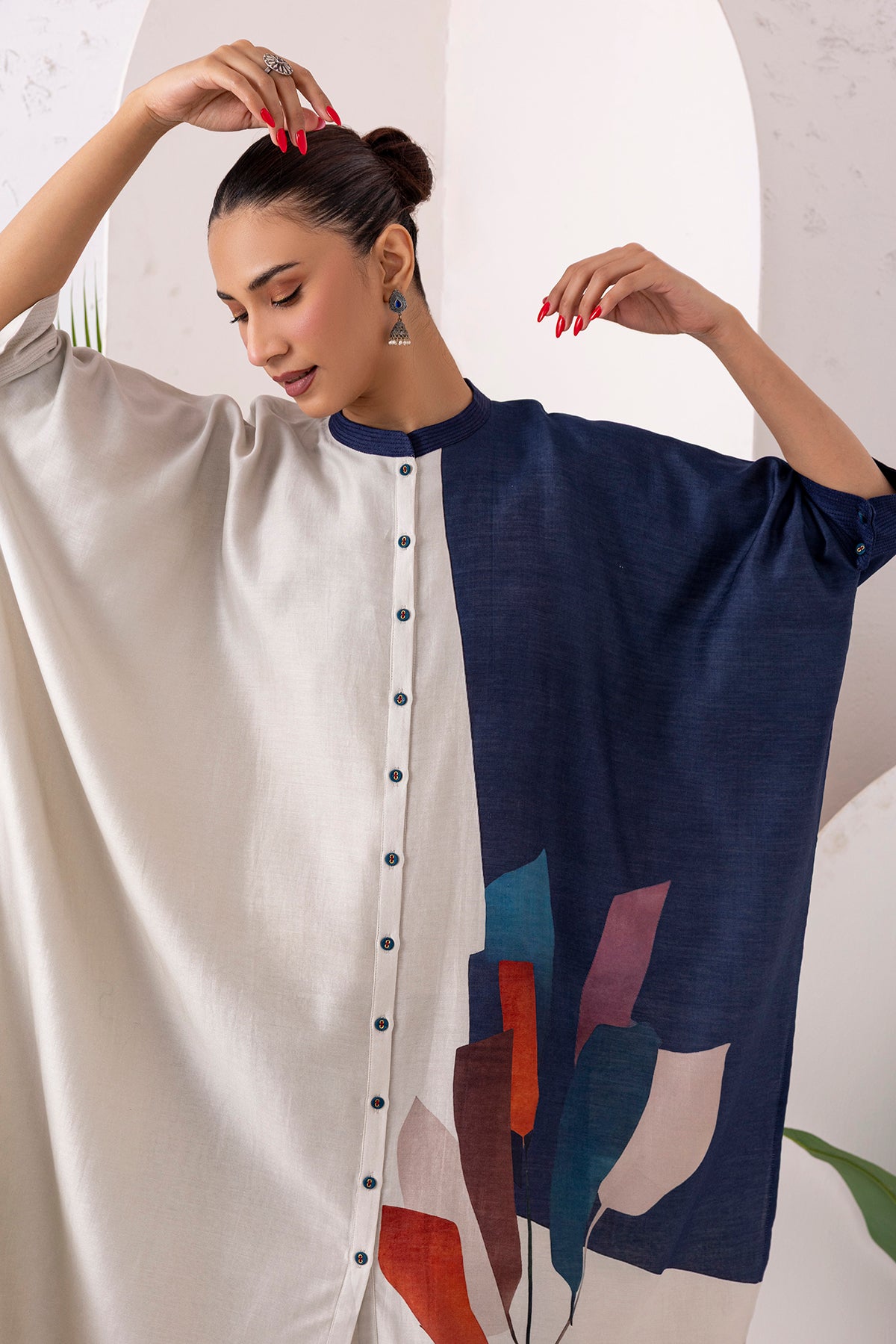 Blue & Ivory Silk Chanderi Printed Kaftan Style Dress (1 PC)