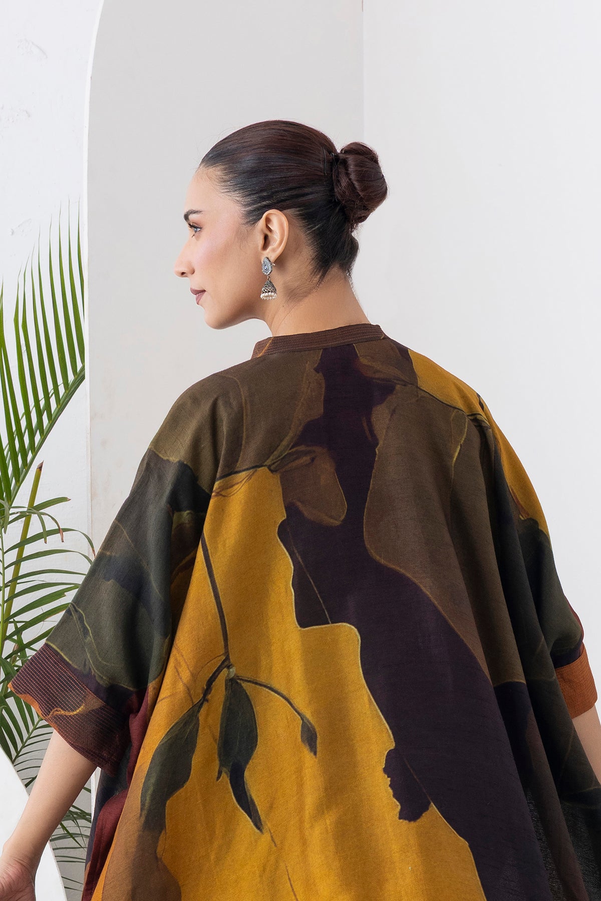 Mustard & Brown Viscose Dupion Printed Kaftan Style Dress (1 PC)