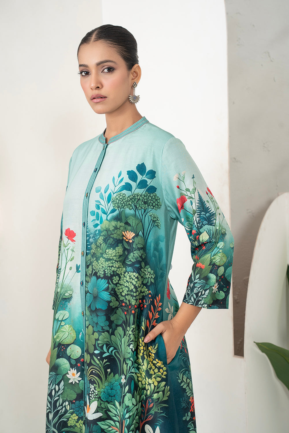Blue Fades Gently From Mint To Midnight Silk Chanderi Hand-Painted Garden Printed Dress Set (3 PCS)