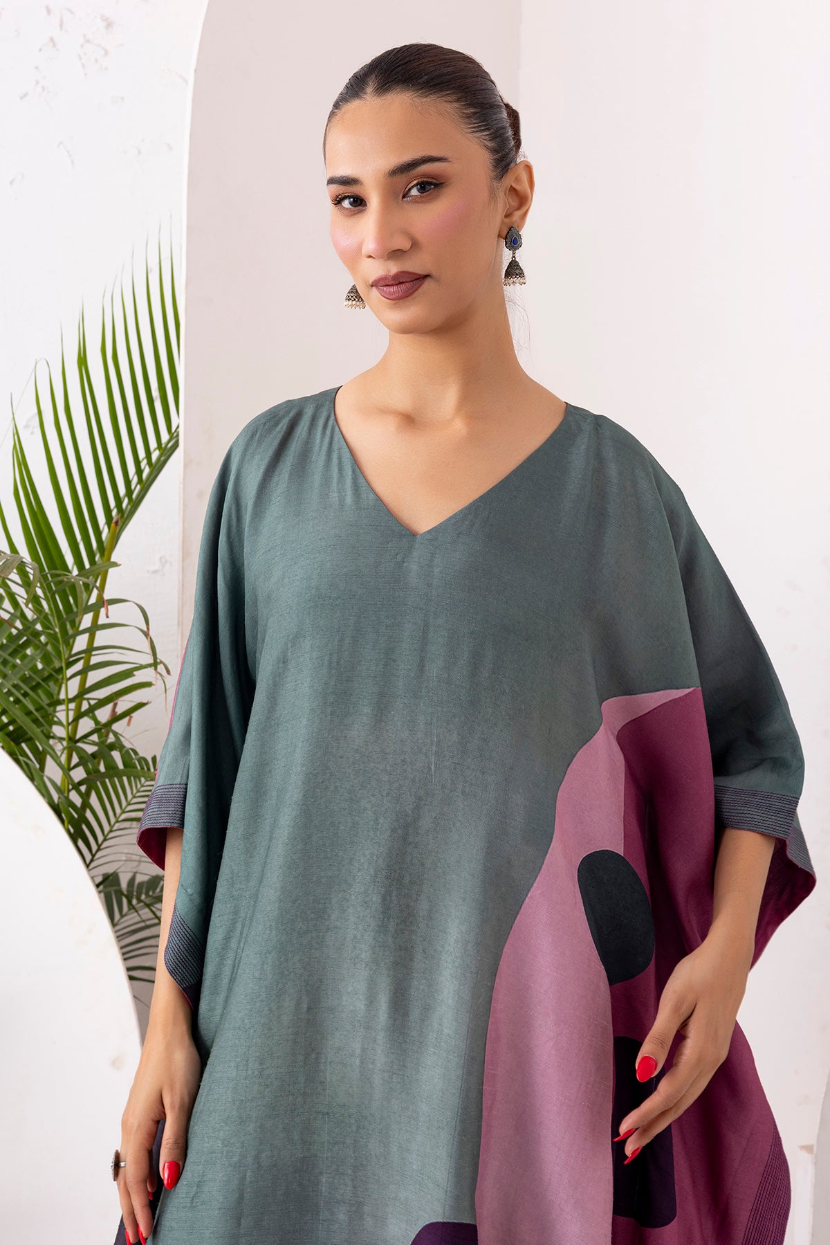 Sage Green & Salmon Pink Viscose Dupion Printed Kaftan (1 PC)