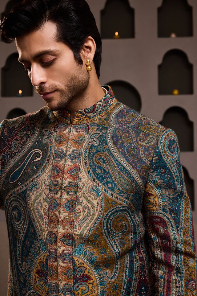 Jamawar Achkan Beige Kurta Trouser