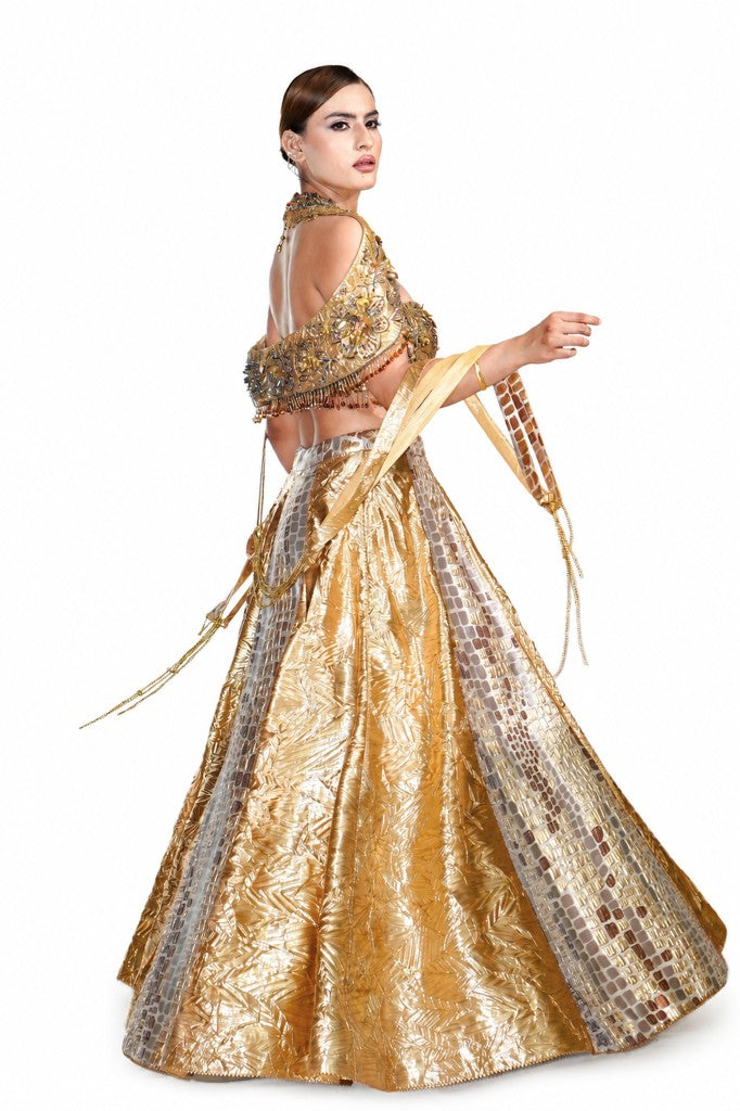 Crush Tissue and Jakard Lehenga with Off Shoulder Blouse