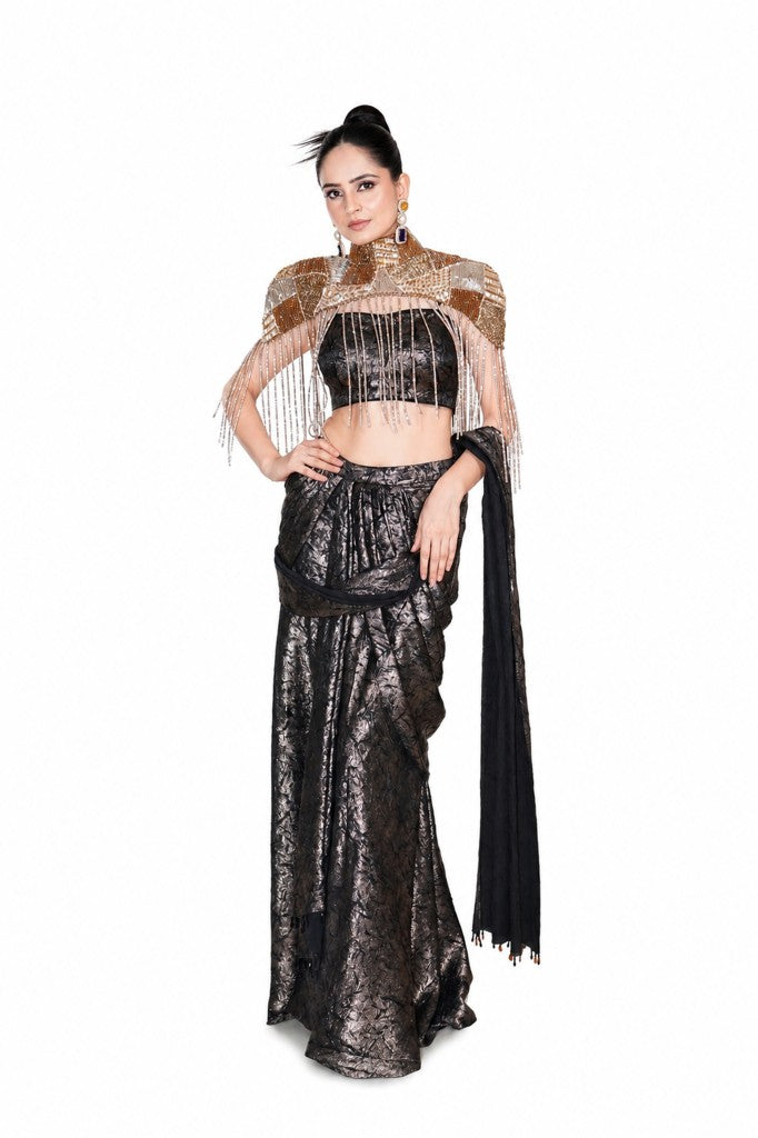 Black Jakard Crape Drape Saree with Cape