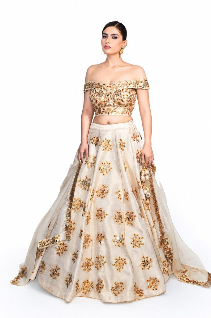 Champaign Brocade Off Shoulder Lehenga Blouse and Dupatta
