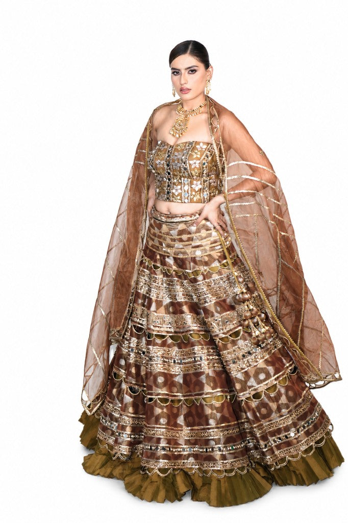 Double Layer Brocade Cutwork Lehenga Corset Dupatta