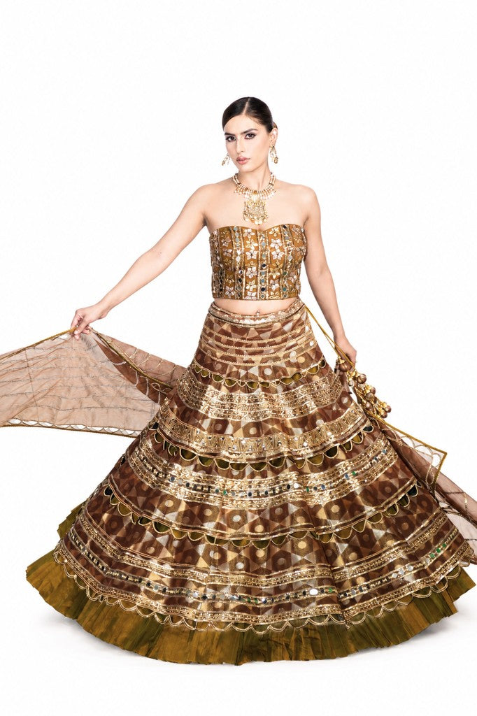 Double Layer Brocade Cutwork Lehenga Corset Dupatta