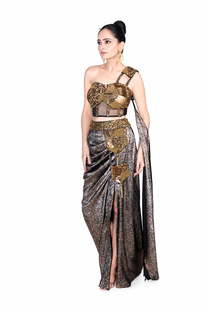 Animal Print Drape Skirt Corset Saree