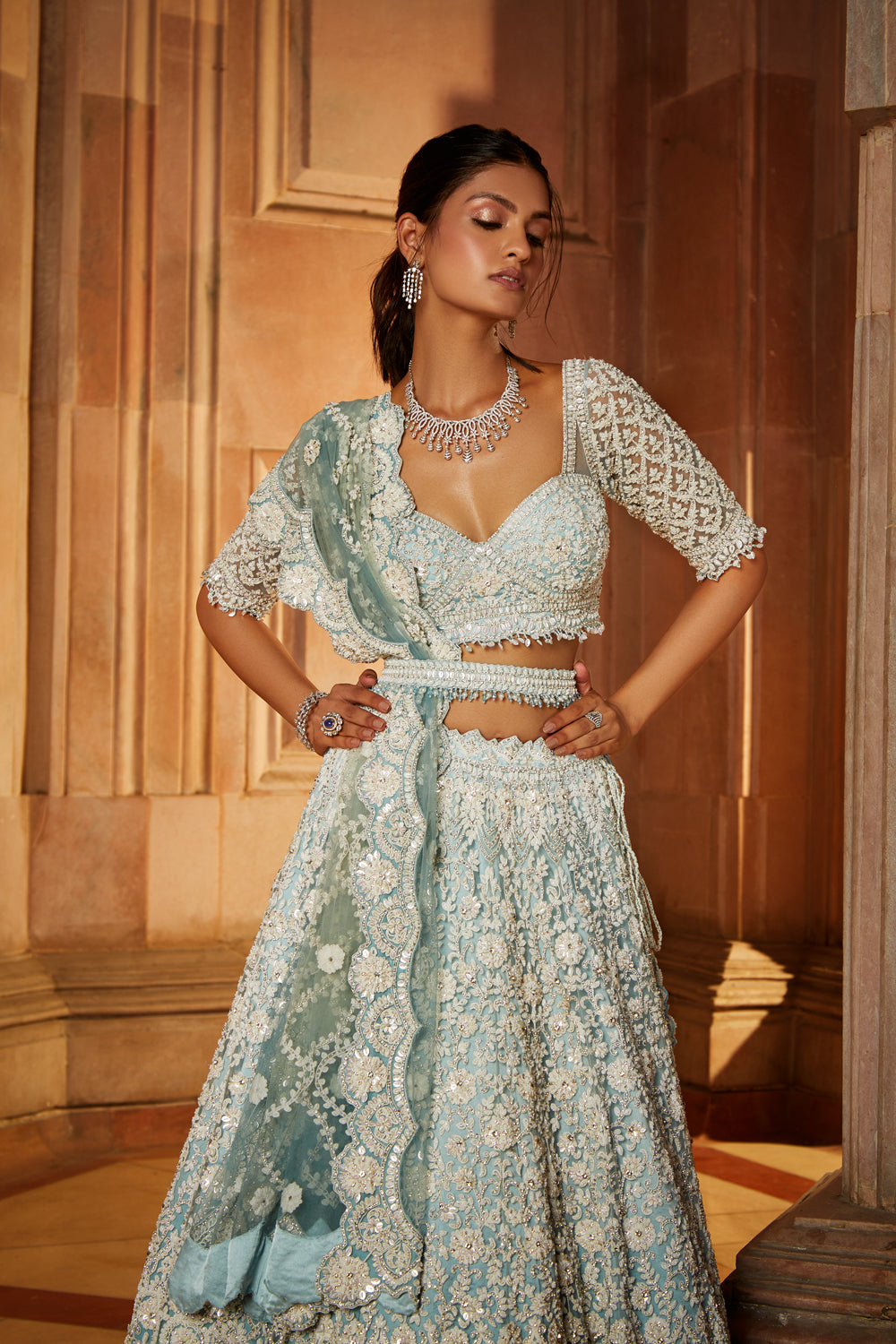 Aqua Ombré Tulle Lehenga Choli Dupatta Set