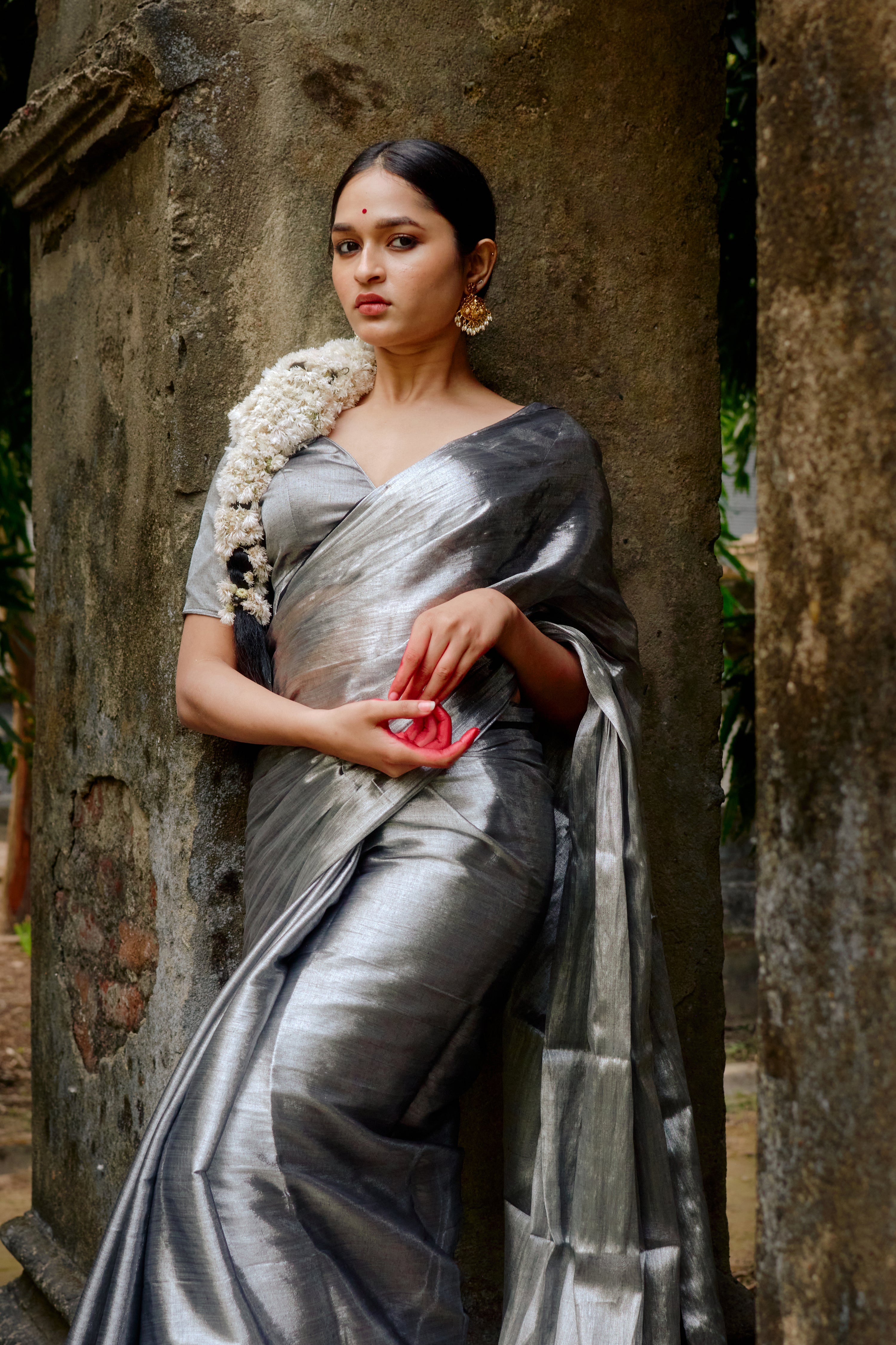 Ardhachandra I Silver tissue saree