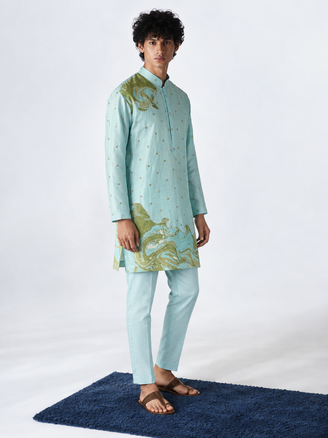 Aqua Blue Embroidered Marble Appliqué Kurta - Pant Set