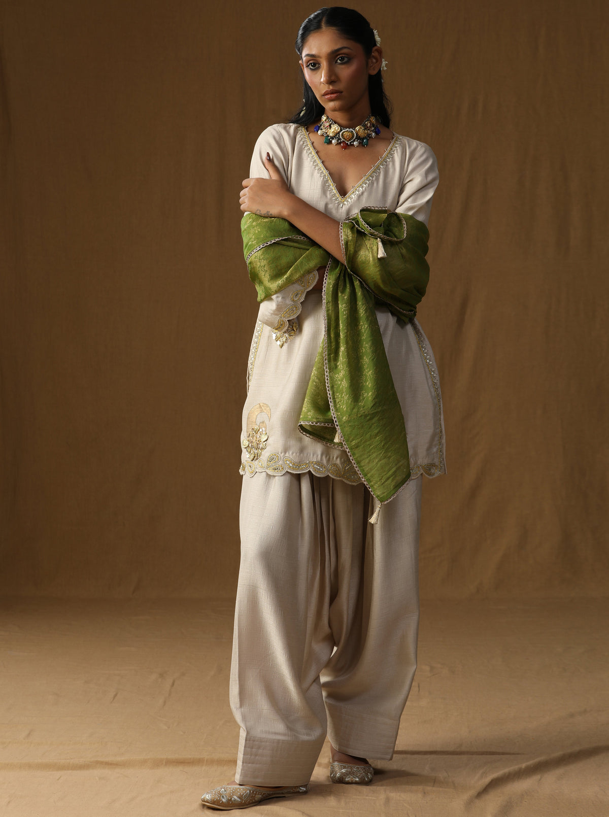 Vrinda — Beige Mritika Embroidered Suit Set