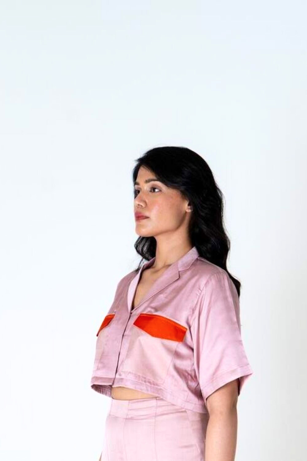Pink-Orange Color-Blocked Crop top