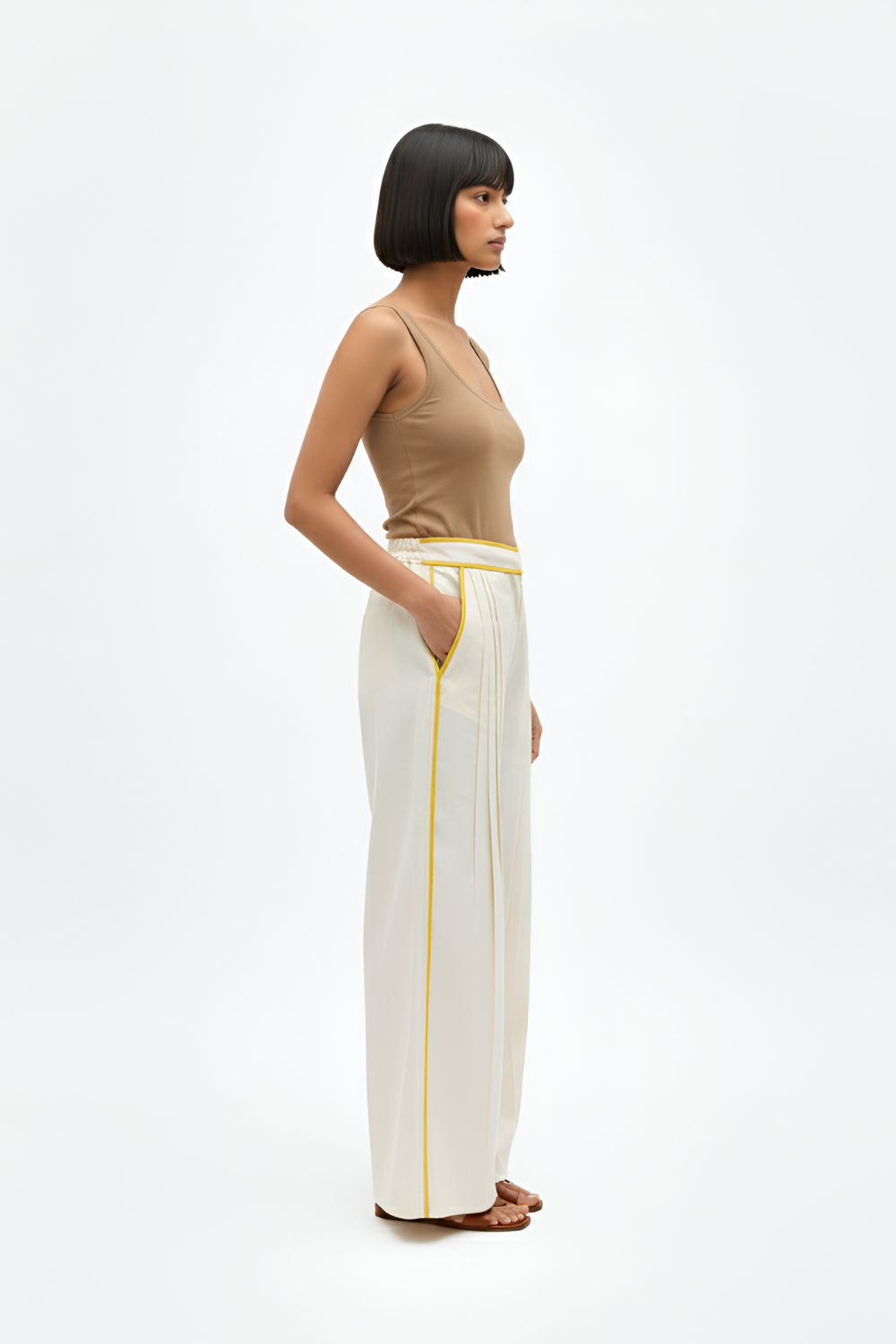 Ivory-Mango Yellow Pintucks Pants