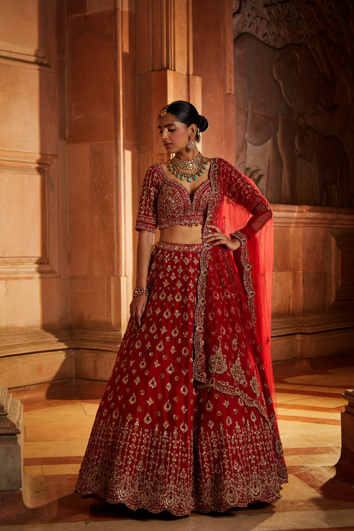 Blood Red Raw Silk Bridal Lehenga Choli Set with Tulle Dupatta