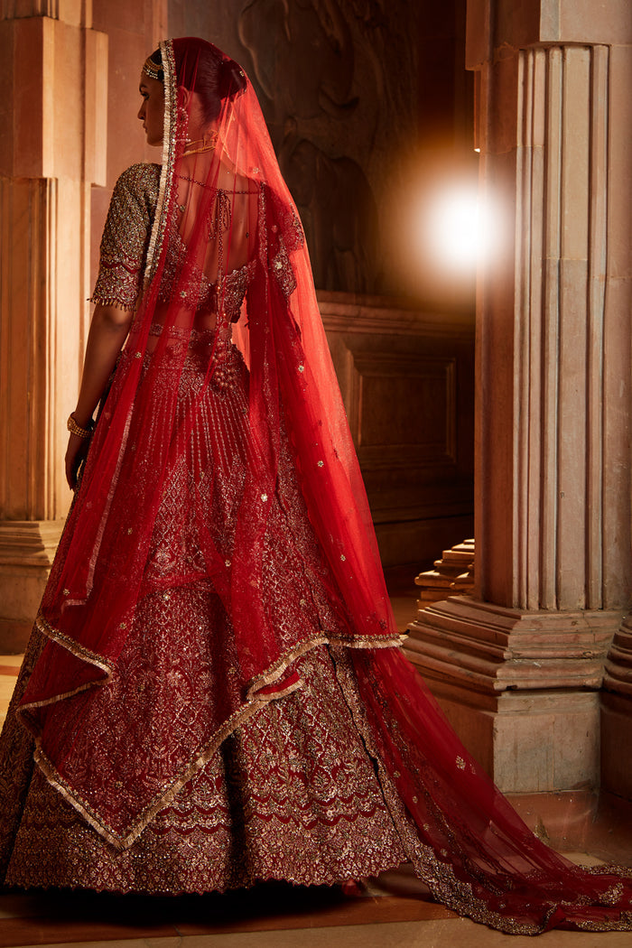 Blood Red Raw Silk Lehenga Choli and Belt with Tulle Dupatta with an Optional Lighter Second Dupatta