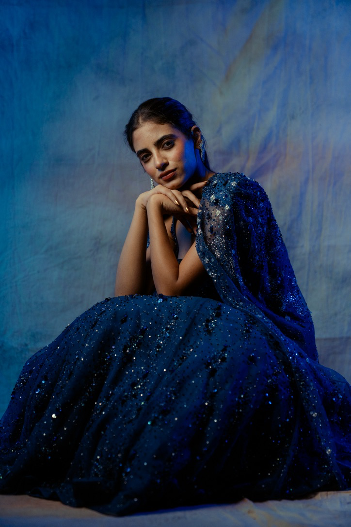 Nishabd Blue Embroidered Fishcut Gown with Cape set