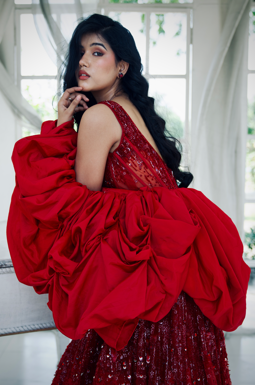 Arunodaya Red Embroidered Gown set with Cape