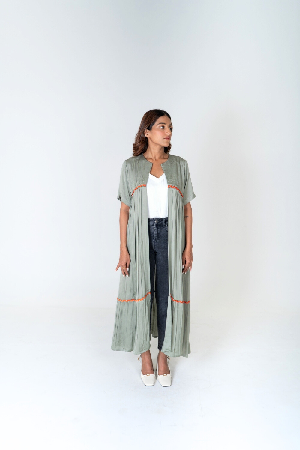 Green-Orange Braided Gather Long Cape