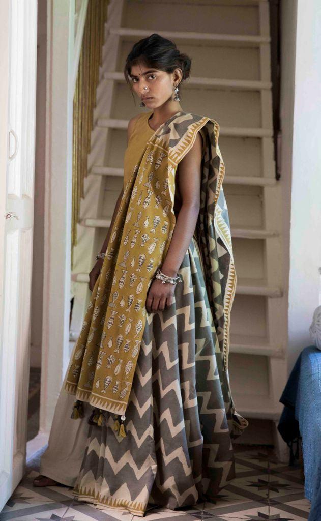 SAREE - Chevron with Fish print - CHHAPA