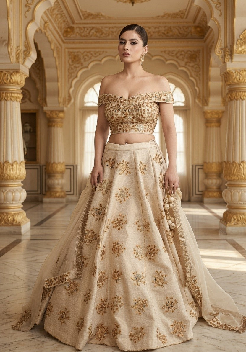 Champaign Brocade Off Shoulder Lehenga Blouse and Dupatta
