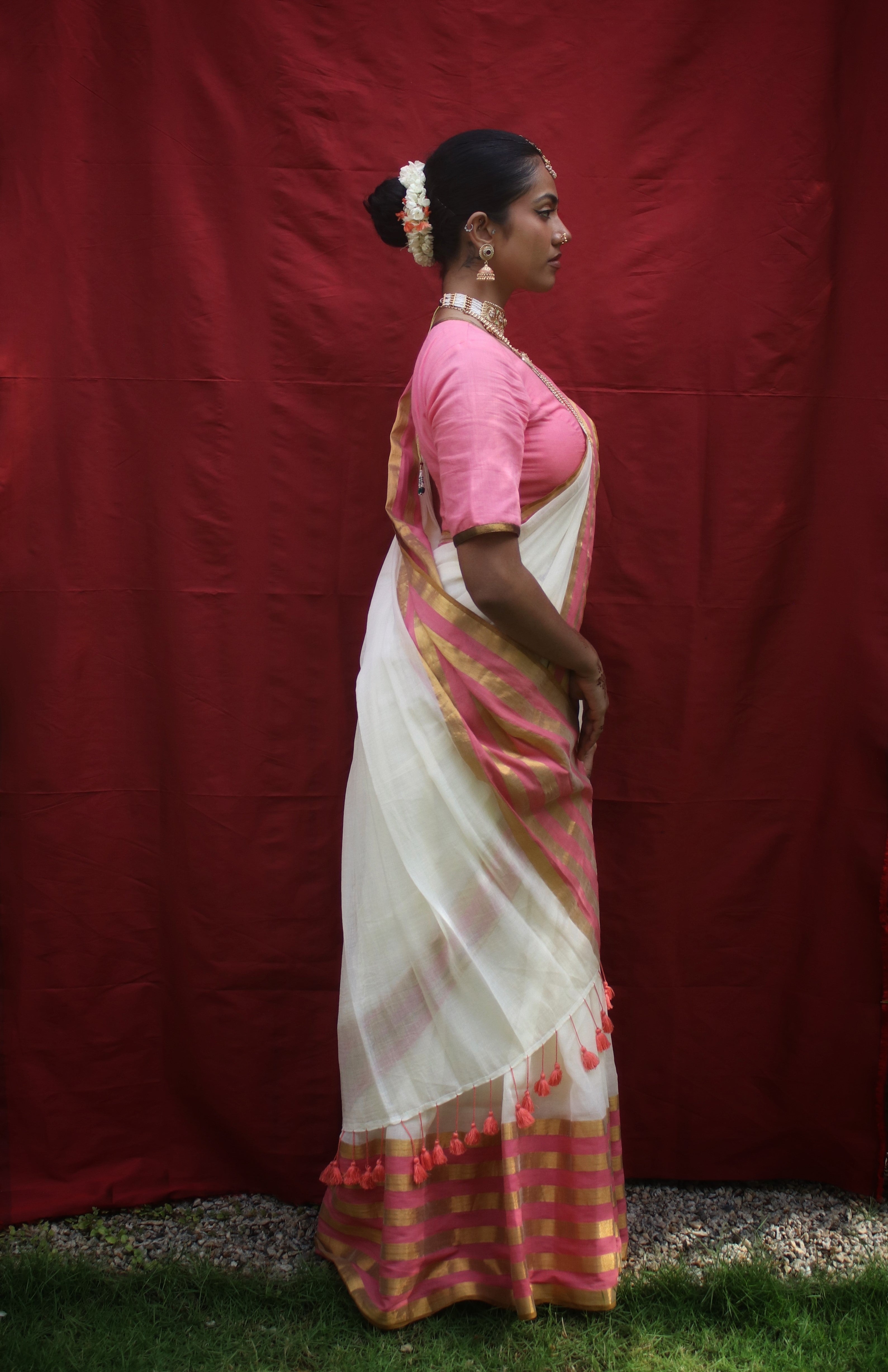 Chandramaya I White Cotton Saree with Pink and Golden Striped Border