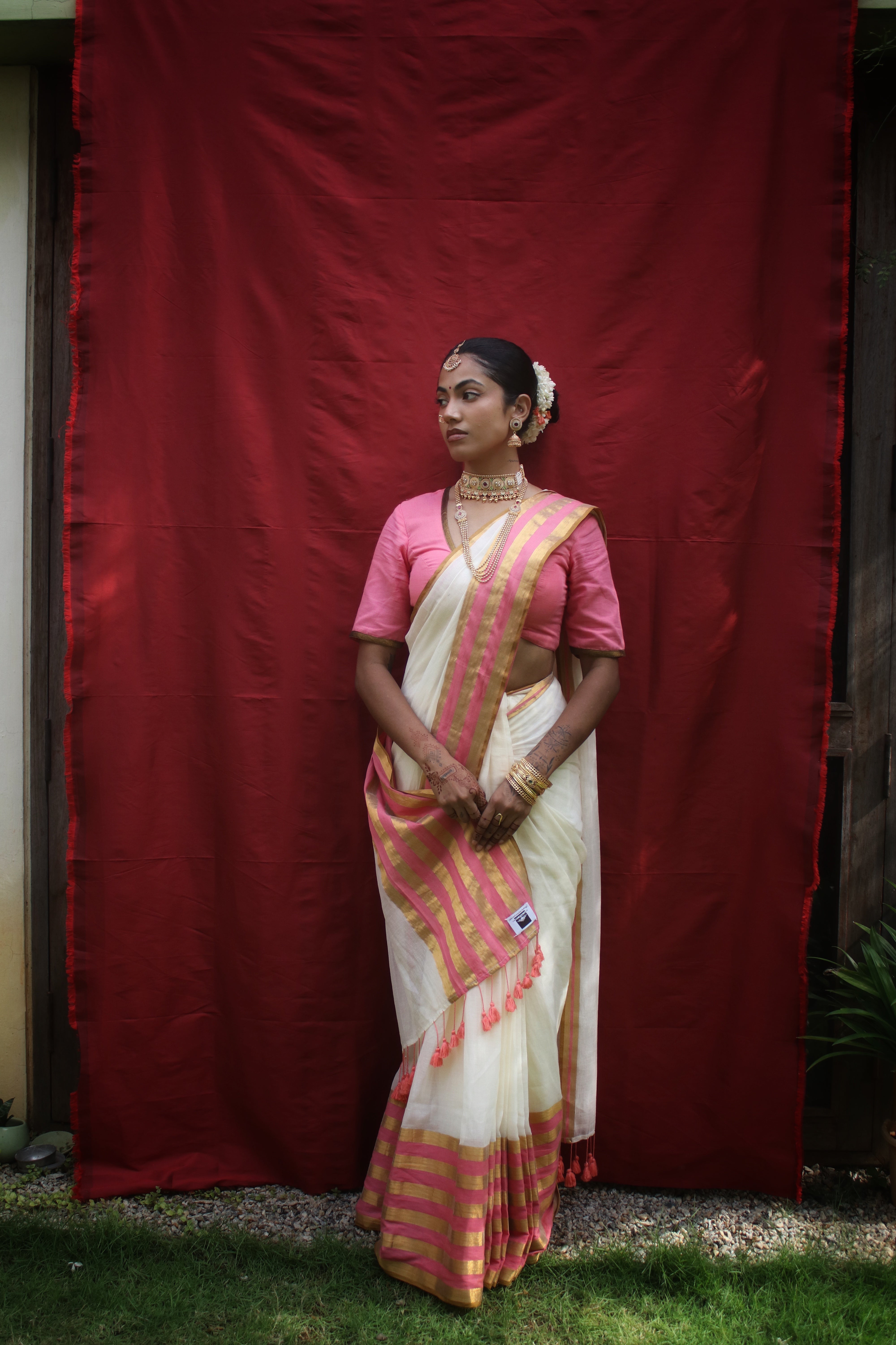 Chandramaya I White Cotton Saree with Pink and Golden Striped Border