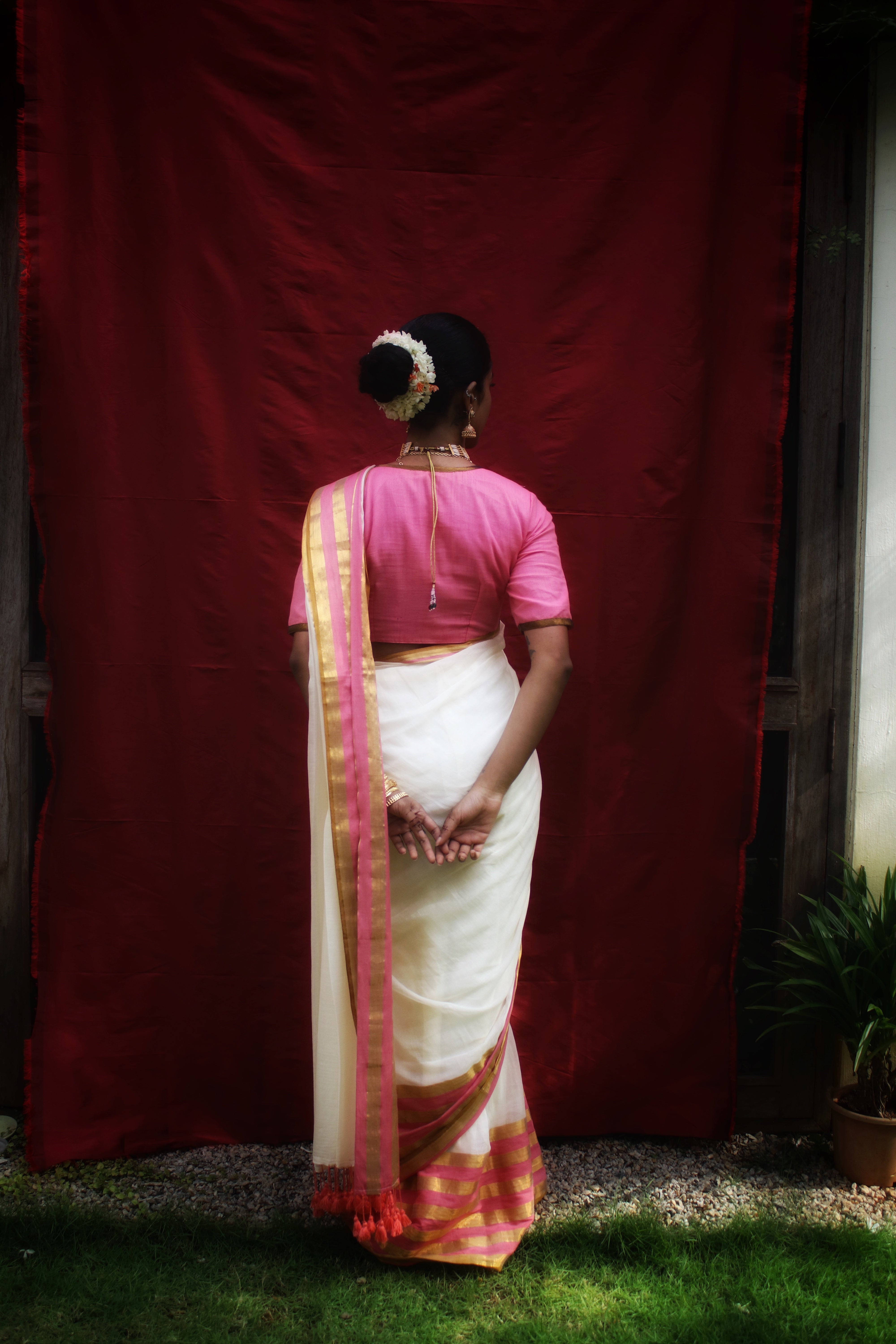 Chandramaya I White Cotton Saree with Pink and Golden Striped Border