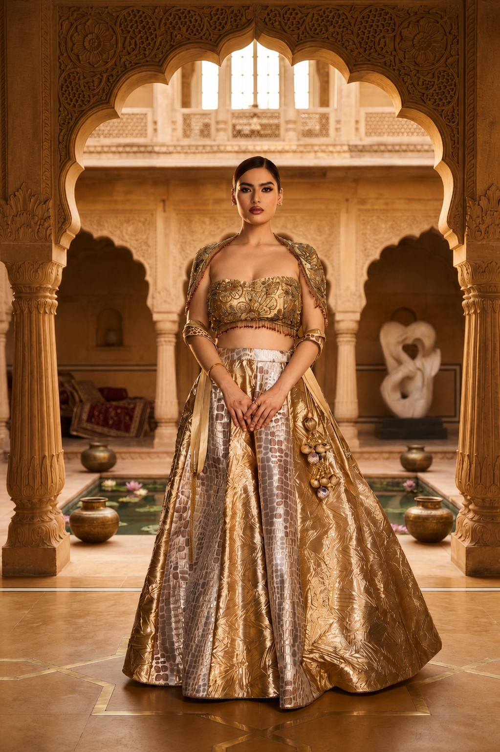 Crush Tissue and Jakard Lehenga with Off Shoulder Blouse