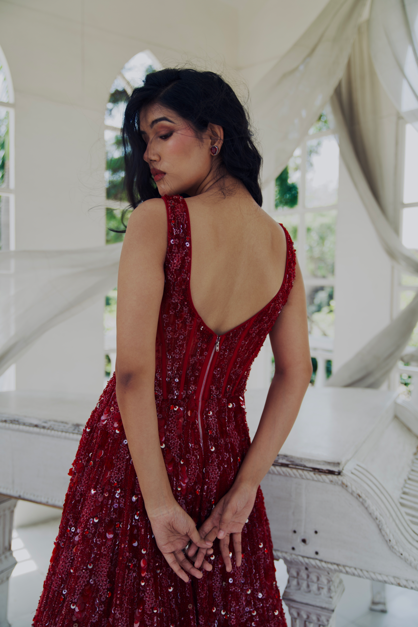 Arunodaya Red Embroidered Gown set with Cape