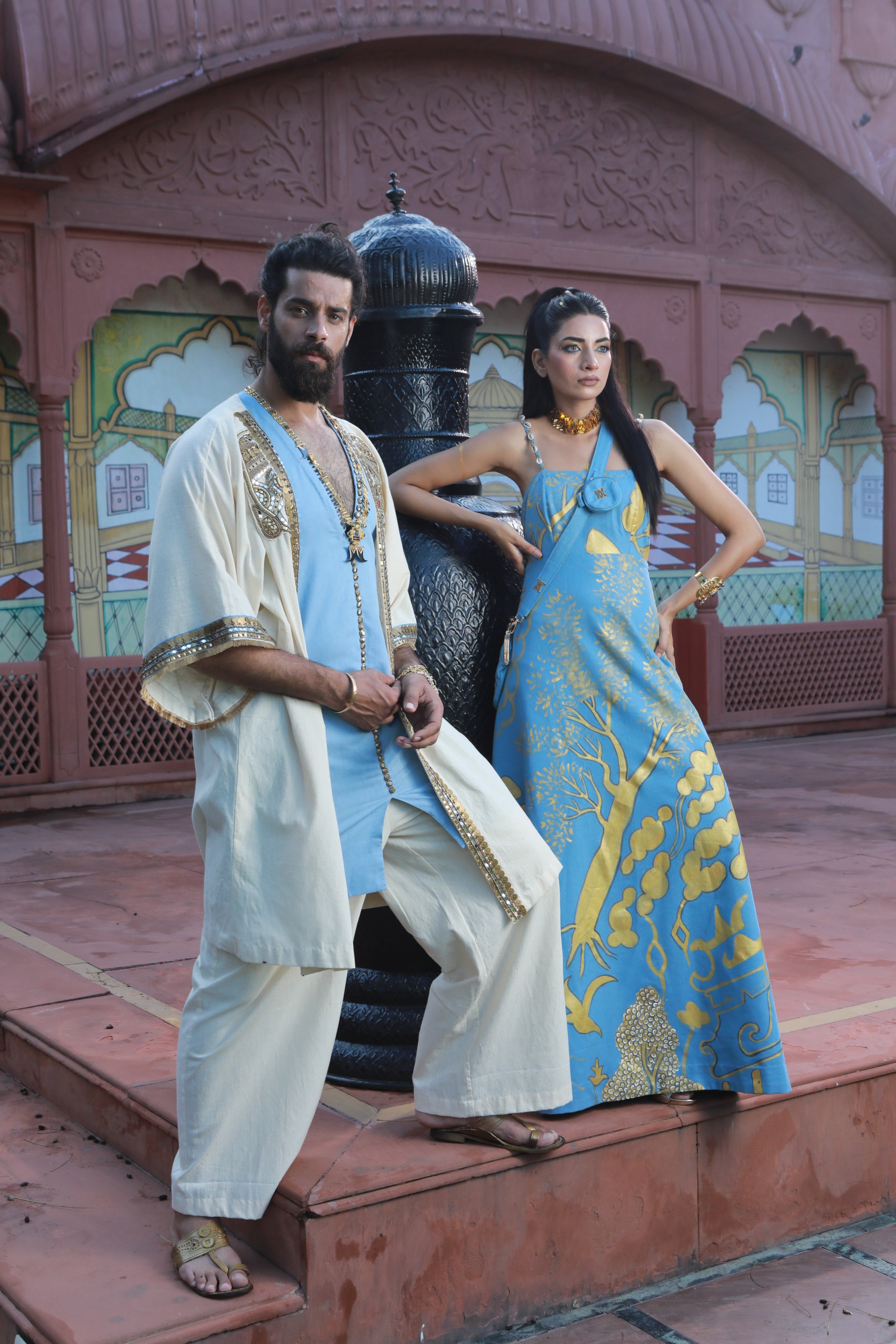 DEVI DRAPE KHADI KIMONO KAFTAAN WITH THIN DENIM AND KHADI PANTS