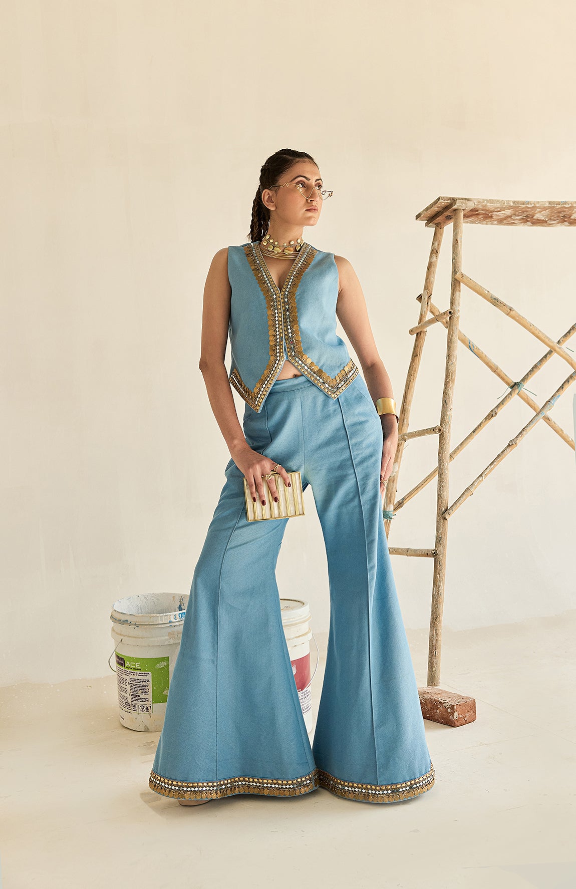 DENIM WAIST COAT AND HIPSTERS