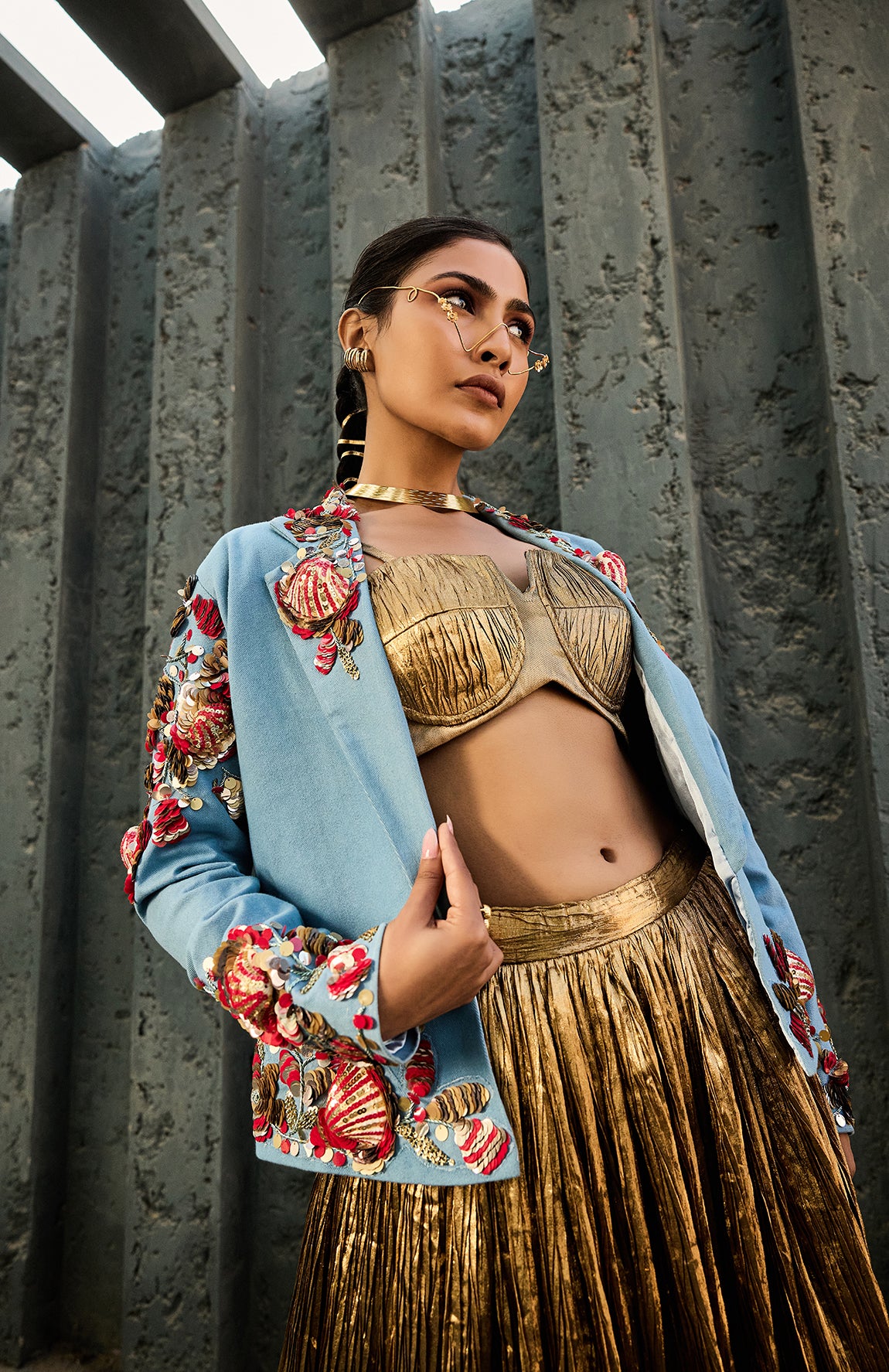 DENIM BLAZER SILK JACQUARD BUSTIER CRUSHED SKIRT