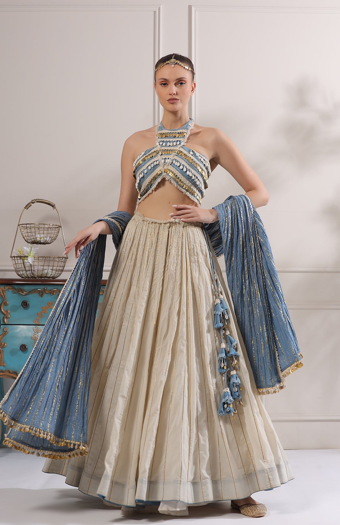 HALTER NECK CROP TOP WITH MAL LEHANGA AND CRUSHED COTTON DUPATTA